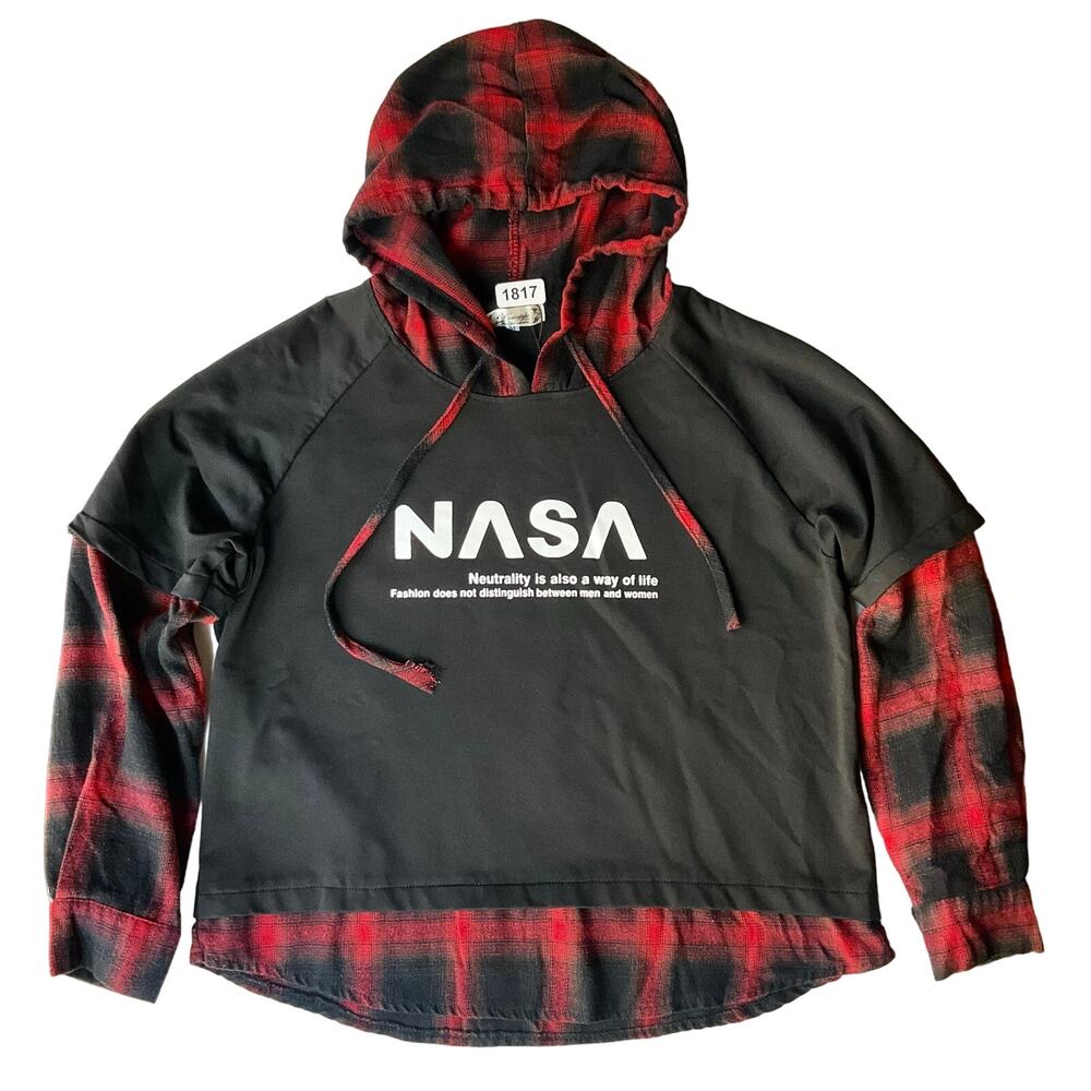 Paris style Women’s Long Sleeve Hoodie Checked Shirt size M, Black & Red, Nasa